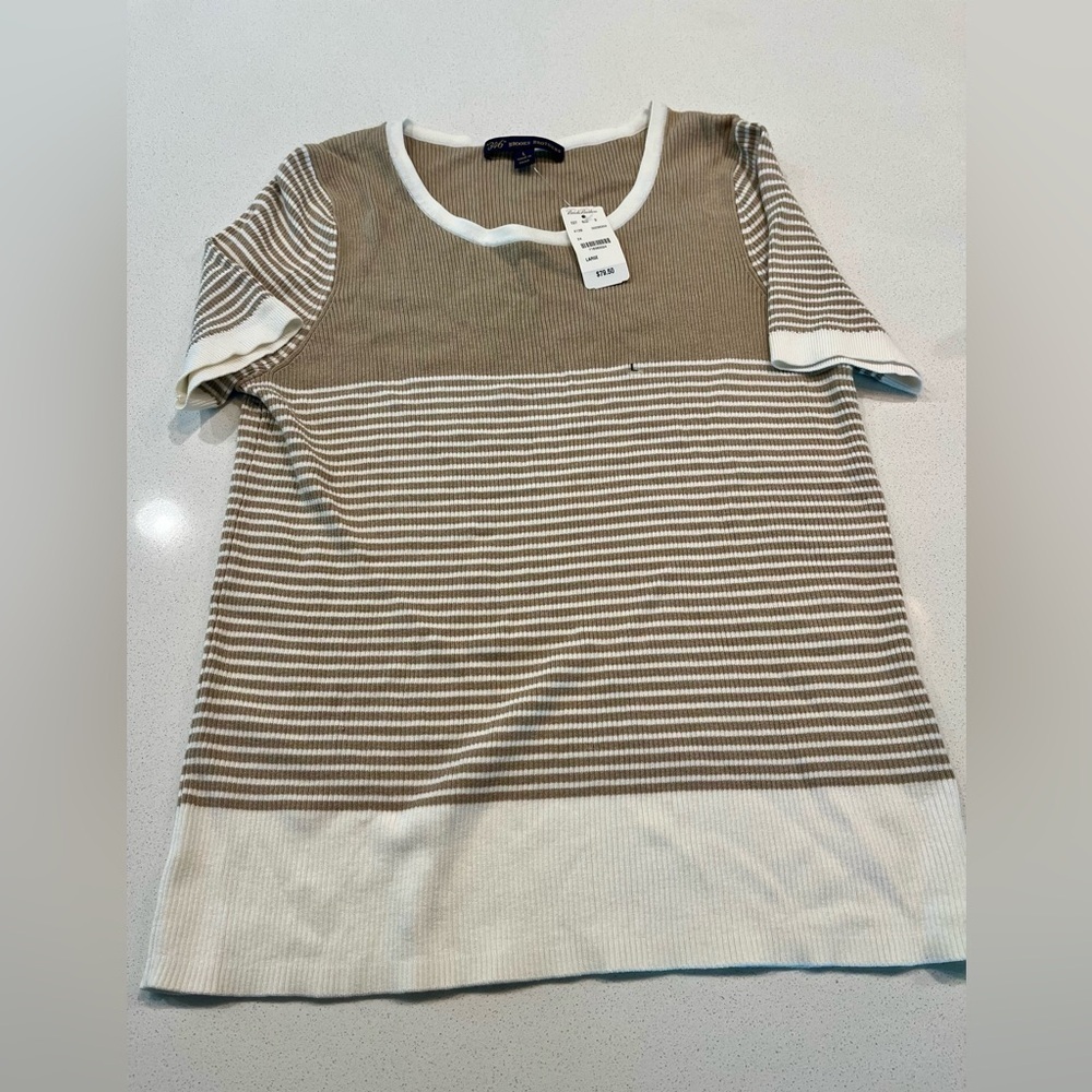NEW 364 Brooks Brothers Tan/Camel & White Striped S S Pull Over Sweater- Large